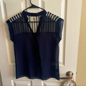 Francesca’s Bird Cage Label Sheer Button Down Top Women's Size Small Dark Blue
